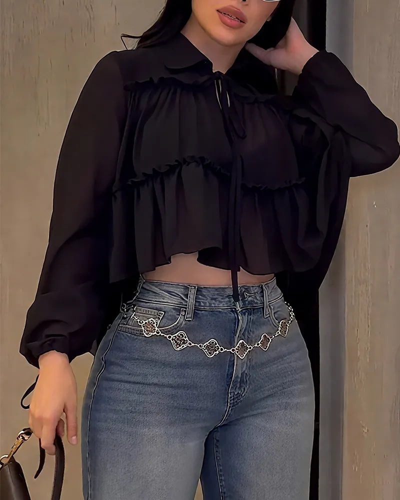 Camisa de manga larga con volantes de gasa para mujer