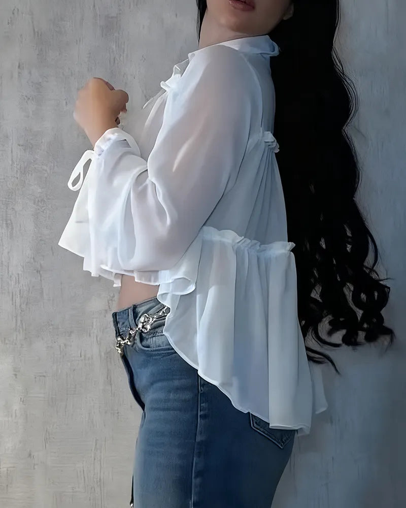 Camisa de manga larga con volantes de gasa para mujer