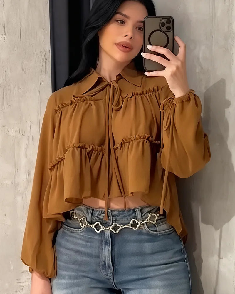 Camisa de manga larga con volantes de gasa para mujer