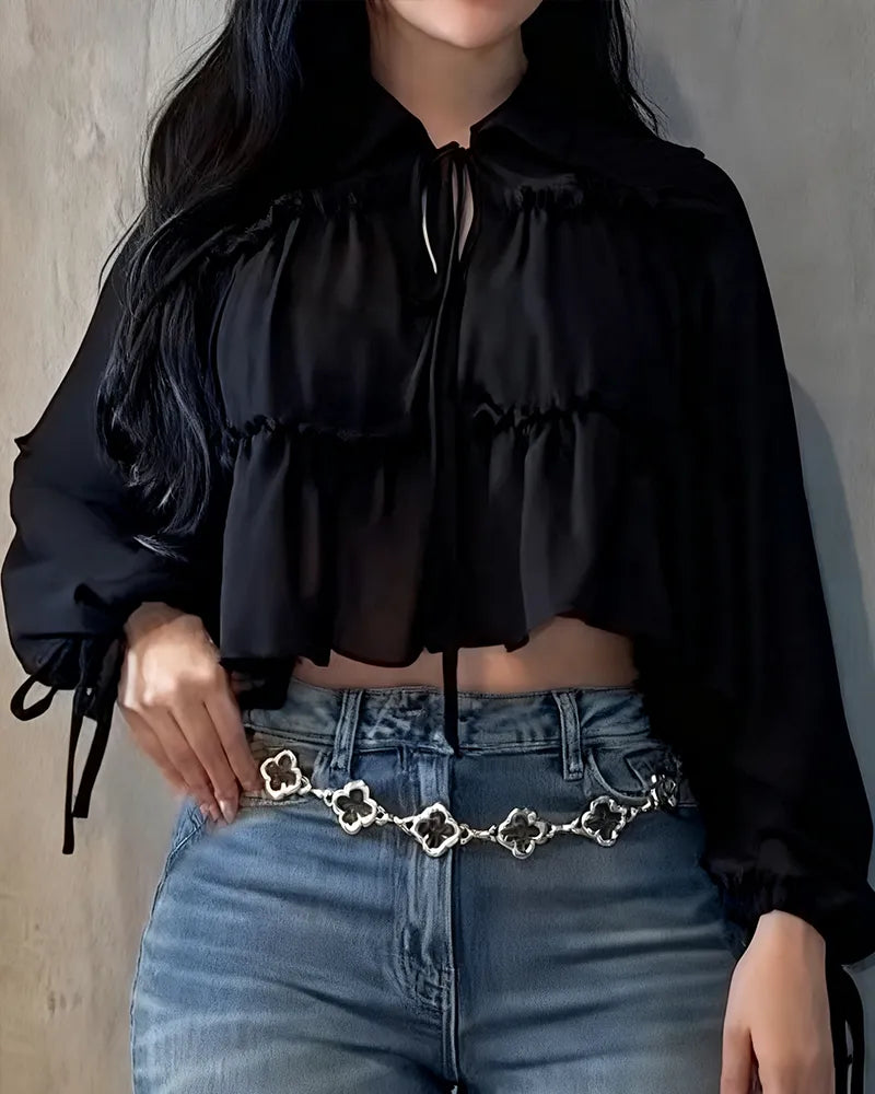 Camisa de manga larga con volantes de gasa para mujer