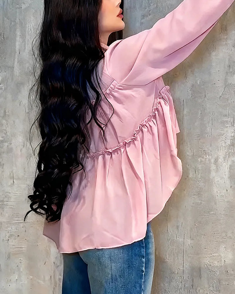 Camisa de manga larga con volantes de gasa para mujer