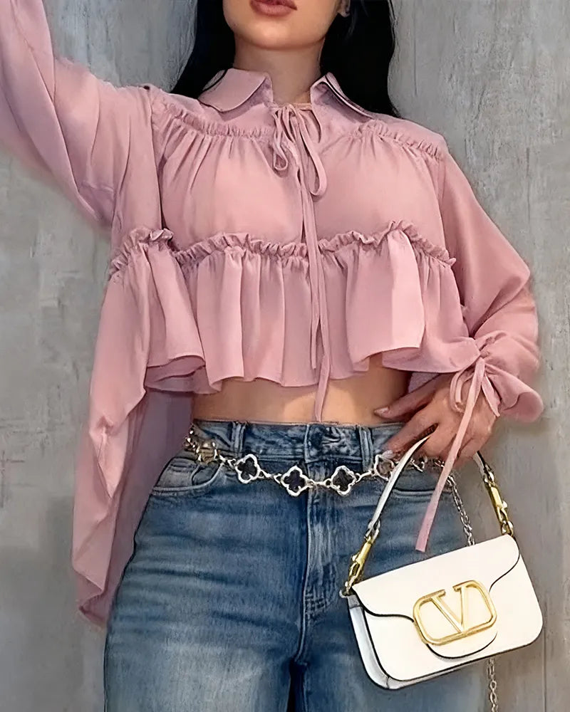 Camisa de manga larga con volantes de gasa para mujer
