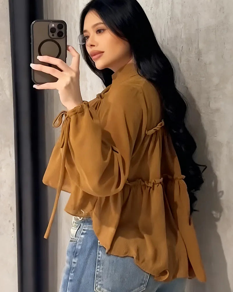 Camisa de manga larga con volantes de gasa para mujer