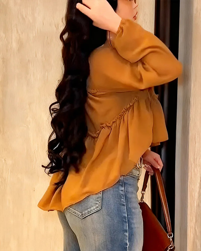Camisa de manga larga con volantes de gasa para mujer