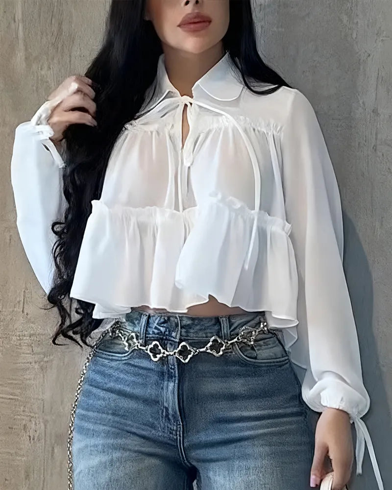Camisa de manga larga con volantes de gasa para mujer