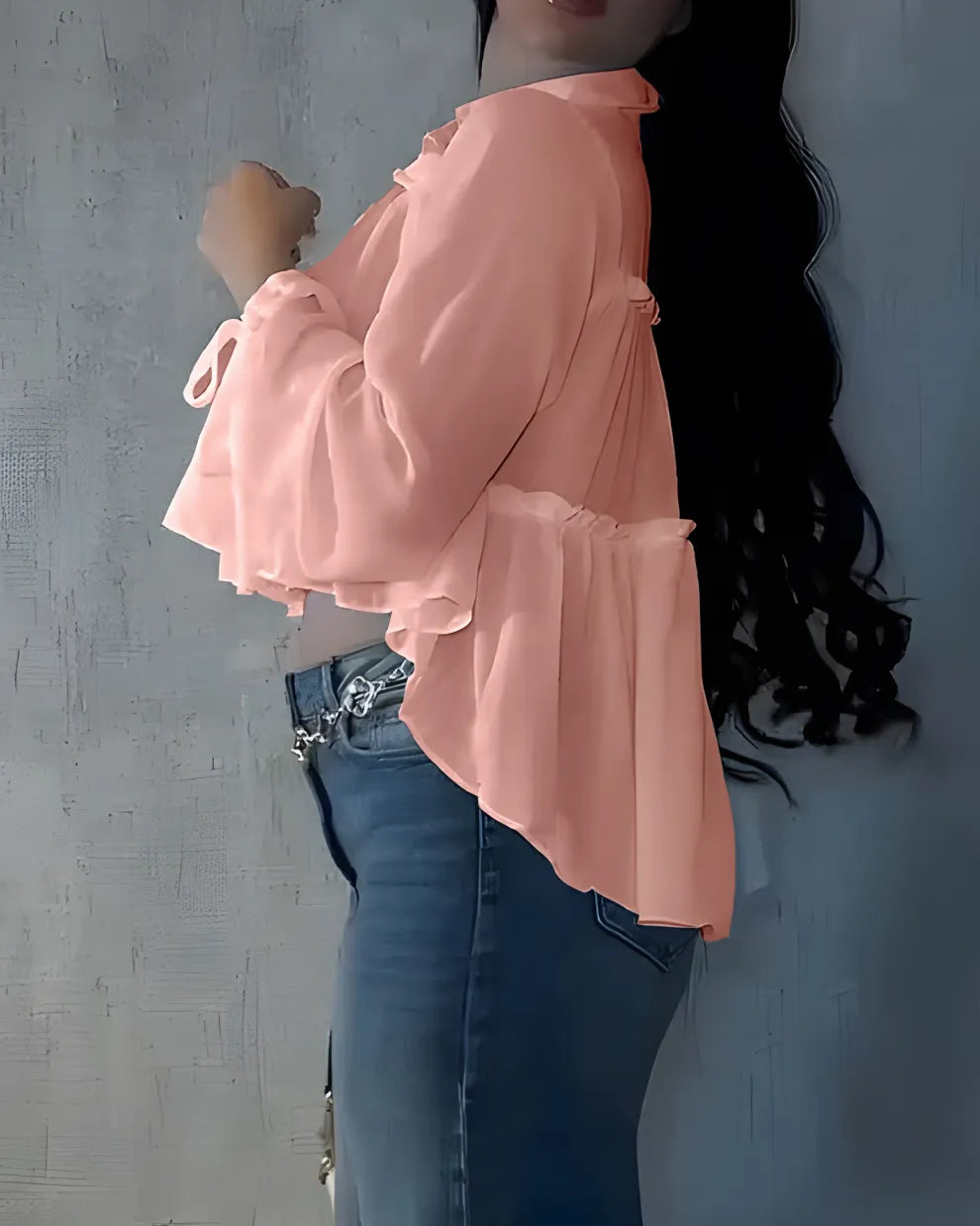 Camisa de manga larga con volantes de gasa para mujer