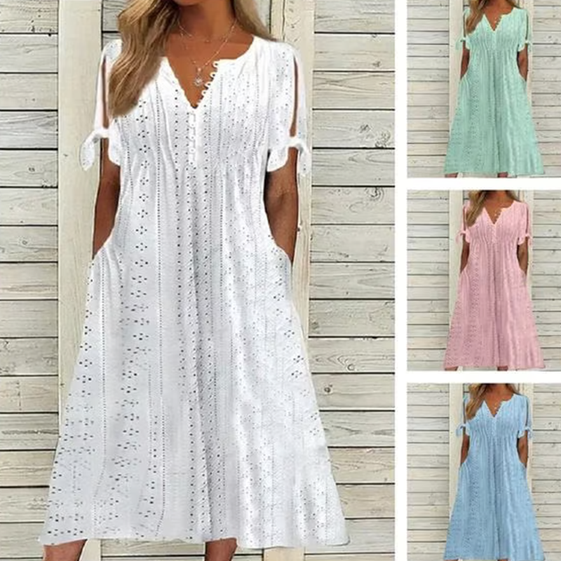 💃Vestido elegante sólido cuello pico calado de mujer