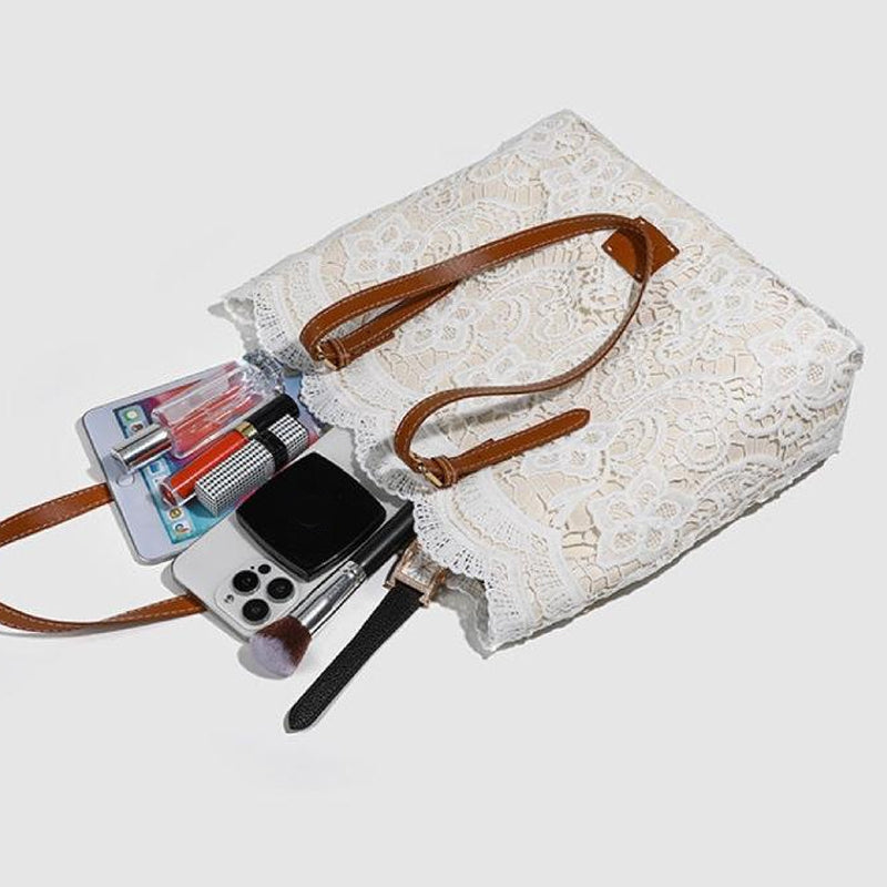 👜 ¡OFERTA POR TIEMPO LIMITADO 50% DE DESCUENTO! 💍 Bolso Tote de Encaje de Gran Capacidad – Diseño Romántico, Correas de PU Ajustables, Cierre Magnético y Organizado ✨