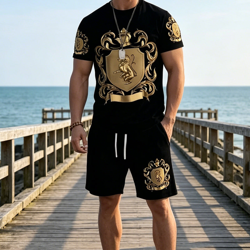 Conjunto de Camiseta y Shorts con Estampado de Escudo Dorado para Hombre