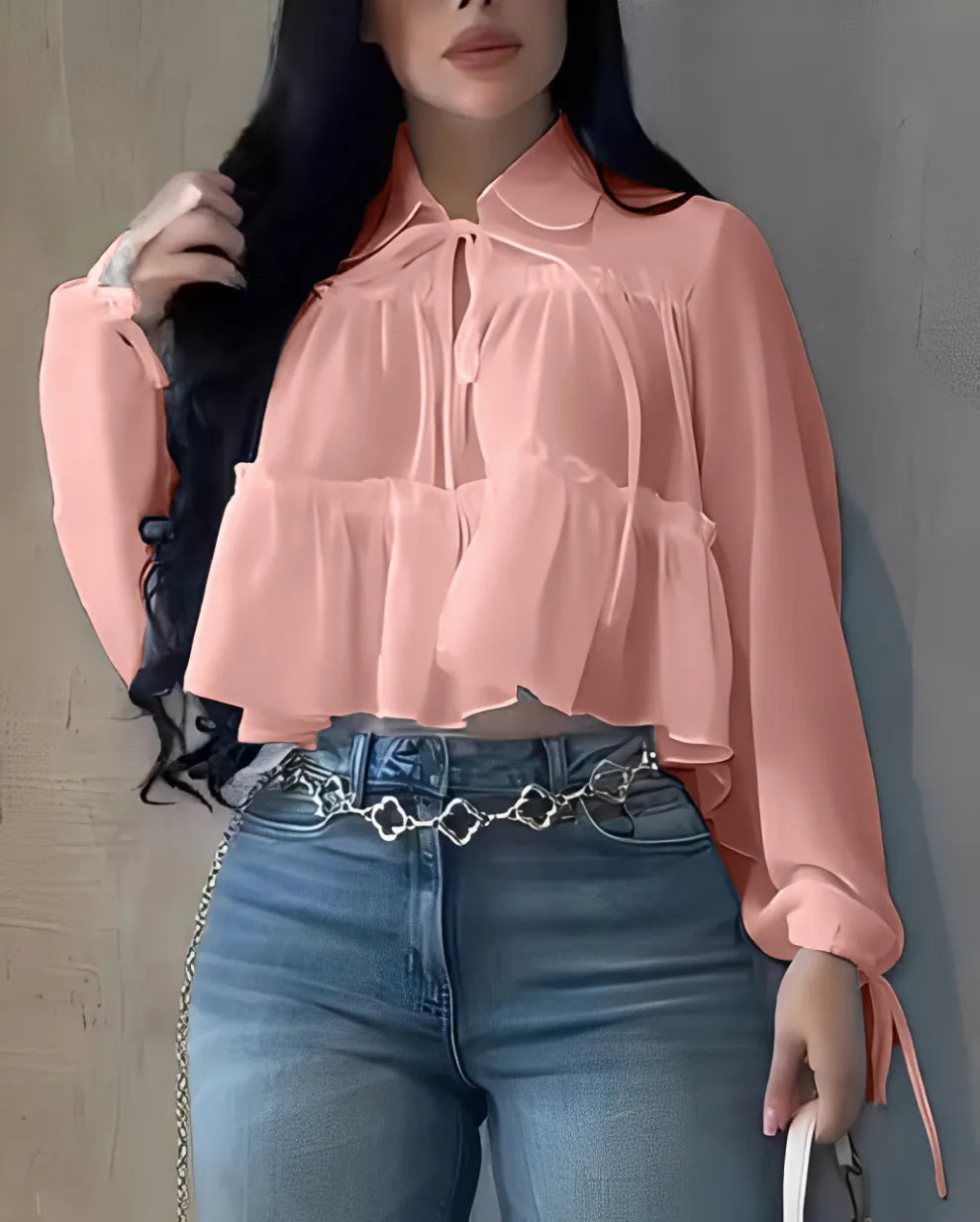Camisa de manga larga con volantes de gasa para mujer